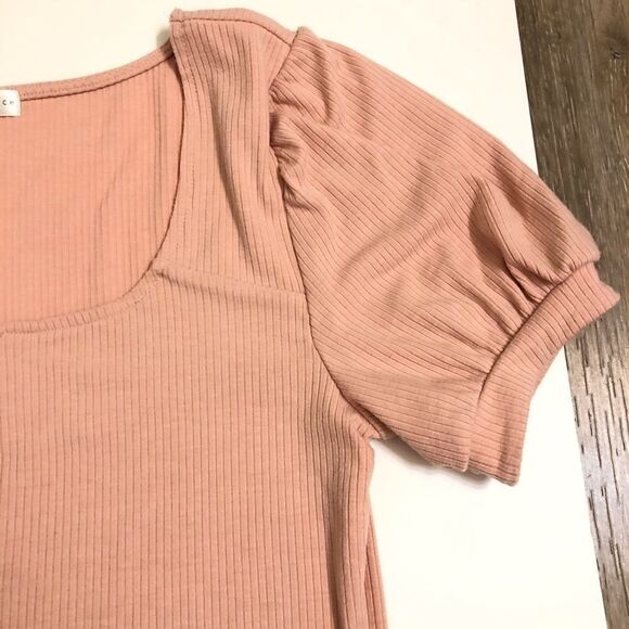 SOCIETY STITCH blush Pink ribbed Crop low cut Top t shirt balloon puff sleeve-L - Picture 8 of 8